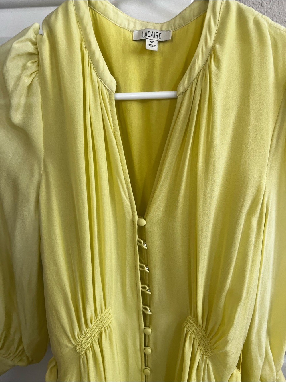 L'Adairé Lemon Yellow Pleated V-Neck Women's Maxi Dress Silk